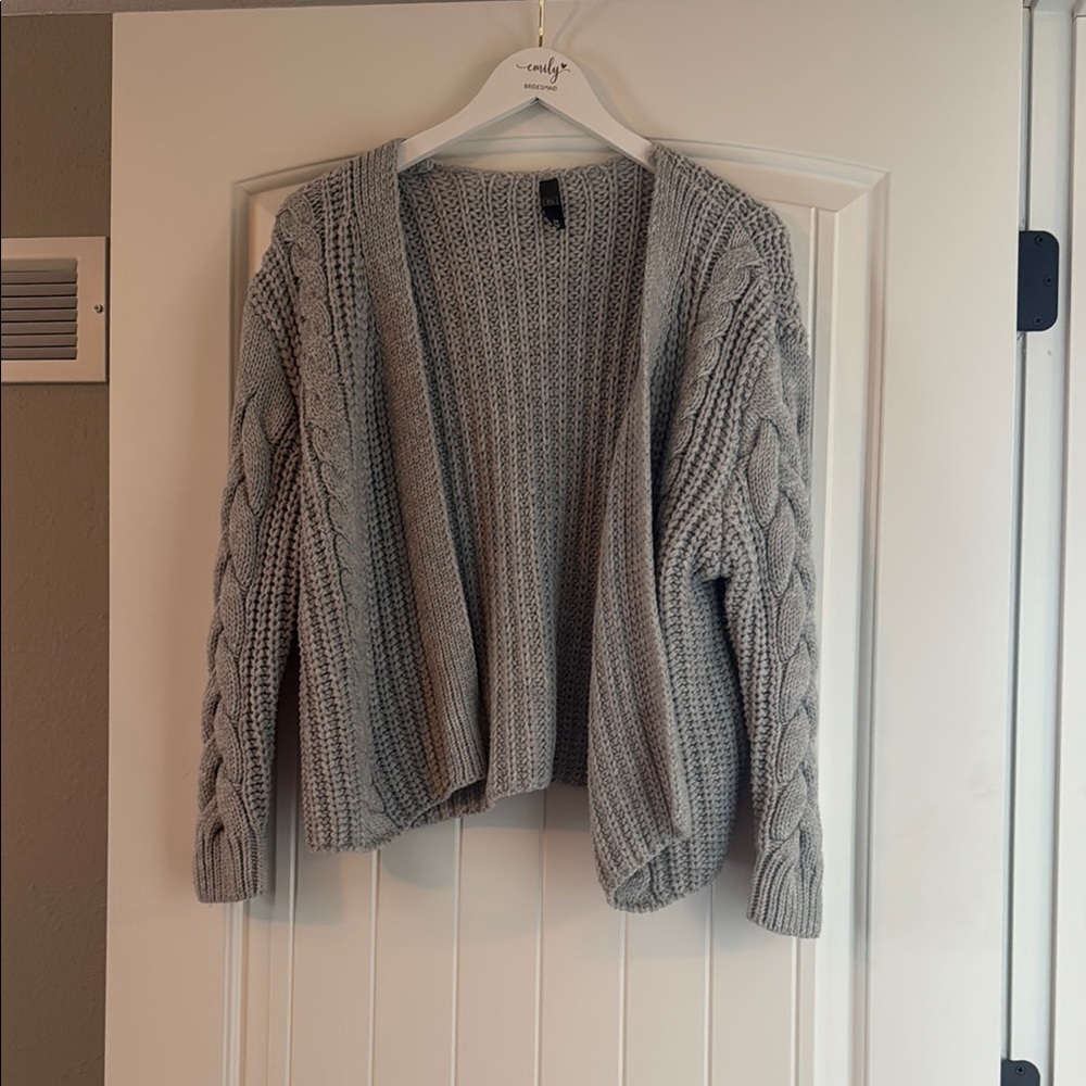 Gray Cardigan Sweater with Cable Knit